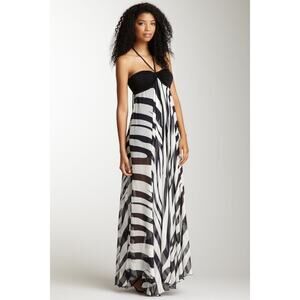 Analili Black & White Zebra Print Silk Halter Neck Maxi Dress Size S
